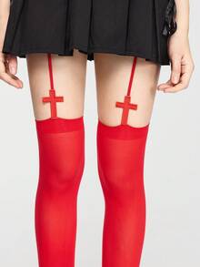ROMWE Goth 1雙多巴胺紅十字襪 - 紅色 - 查看 2
