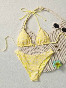 Swim Mod Women's Sweet Floral Print Reversible Halter Neck Bikini Set - Yellow - View 4