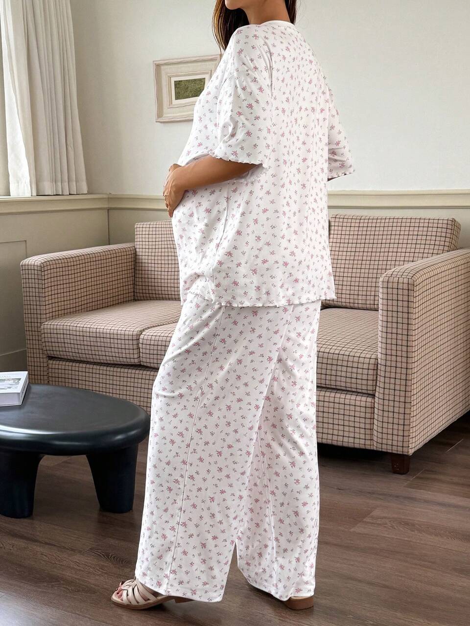 Ditsy Floral All-Over Pattern Loose Short Sleeve White Top And Long Pants Daily Home Wear Women's Spring Summer Maternity 2-Piece Set
