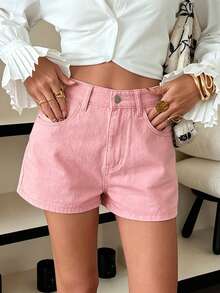 DAZY Spring/Summer Women's Casual Solid Color Washed Shorts - Pink - View 6
