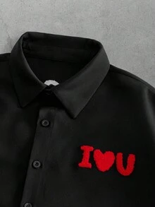 Manfinity VCAY 男士字母毛巾袖短袖單排扣休閒襯衫 - 黑色 - 查看 4
