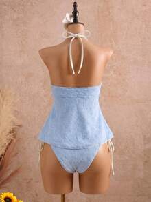 Swim Mod Spring/Summer Light Blue Floral Pattern Special Fabric Yellow Knit Fabric Tie Spaghetti Strap V-Neck Ruched Ruffle Hem With Matching Side Tie Triangle Bikini Bottom 2pcs Set For Mature Women - Multicolor - View 3