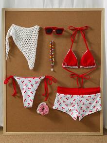 Swim Mod Women's 36SS Spring/Summer New Cherry Print V-Neck Backless Triangle Bikini Set With Bow Tie Decor, 3-Piece Swimsuit For Beach & Holiday Summer Festival Outfits For Women Party Outfit,Beach Outfits Cherry Print Bikini Bathing Suits For Women 3 Piece Bikini Sets For Women Women's Beach Outfits Holiday Outfits For Women Bikini 3 Piece Swimsuit Halter Bikini Top Swim Shorts Women Vacation Aesthetic Bikinis Set For Women - White - View 6