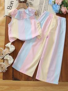 SHEIN Elladie kids 2件裝少女時尚馬卡龍彩色直條紋無袖彼得潘領上衣與寬腿褲套裝，適合日常通勤、休閒度假、春夏出遊、返校 - 彩色 - 查看 3