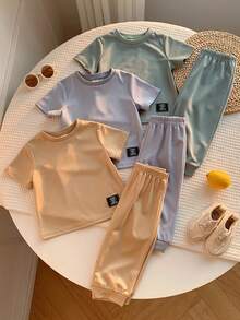 LMoss Kids Baby Boy Letter Print Round Neck Short Sleeve T-Shirt And Pants Casual Set - Multicolor - View 3