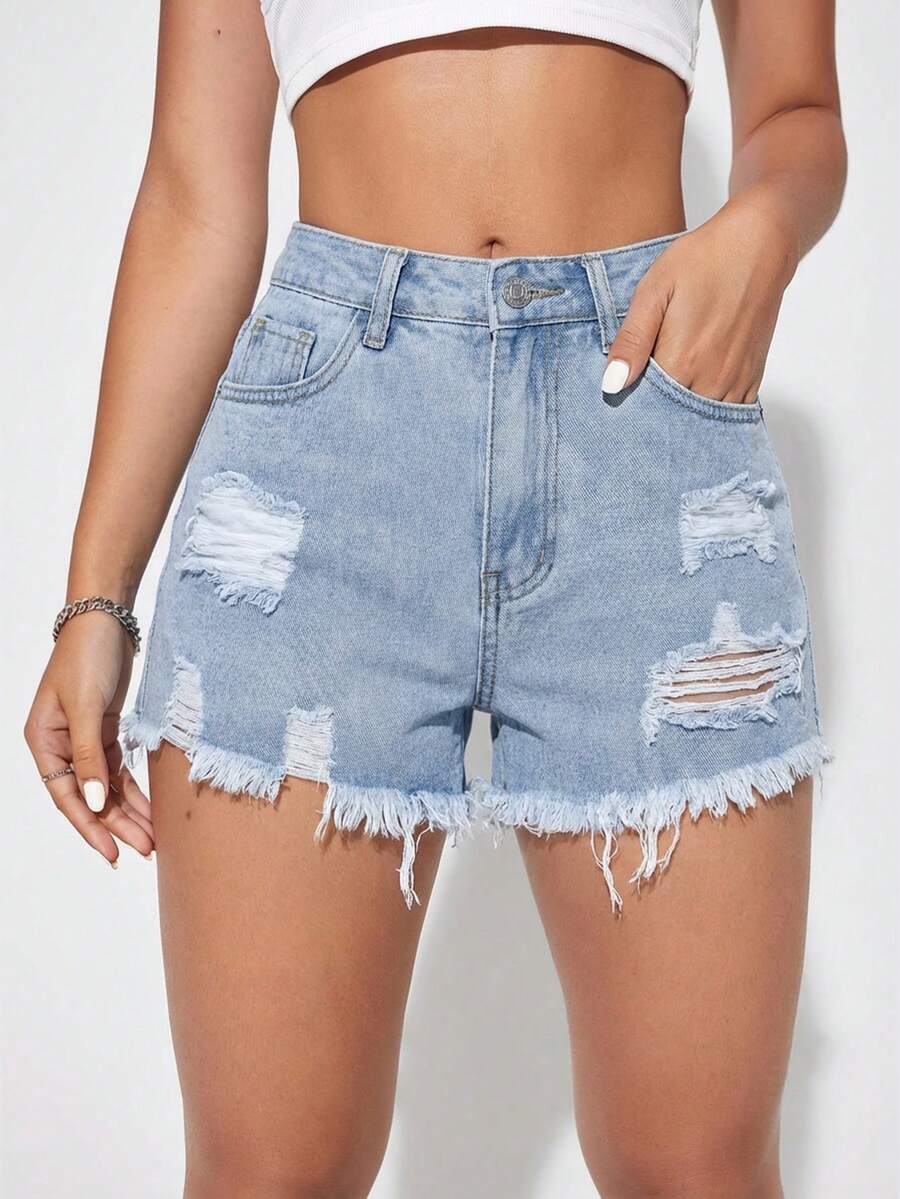 SHEIN Essnce Women's Fashion Casual Distressed Frayed Pocket Denim Shorts - Blue - View 1