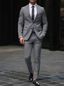 Manfinity Mode Men's Solid Color Patchwork Button Front Long Sleeve Blazer And Pants Set, Men's Solid Color Relaxed Lapel Blazer And Bias Pocket Pants Set Formal, Ceremony - Dark Grey - View 4