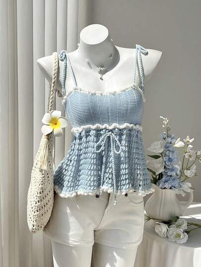 Elamini Women's Sweet Exquisite Versatile Cute Camisole Contrast Color Tie Bow Ruffle Edge Lace-Up Beaded Knit Top