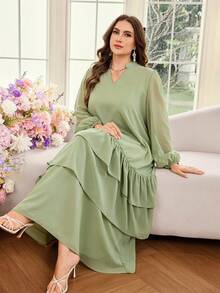Al Najma Gaun Arab Wanita Ukuran Besar, Lengan Lentera, Longgar, Berkerut, Bahan Chiffon, Elegan, Romantis, Warna Polos, Musim Semi/Panas - Hijau - View 4