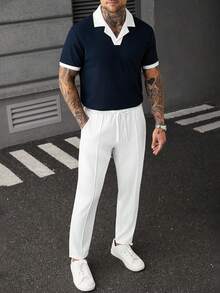 Manfinity CasualCool Men's Plus Size Colorblock Short Sleeve Polo Shirt And Long Pants Casual Daily Set - Navy Blue - View 1