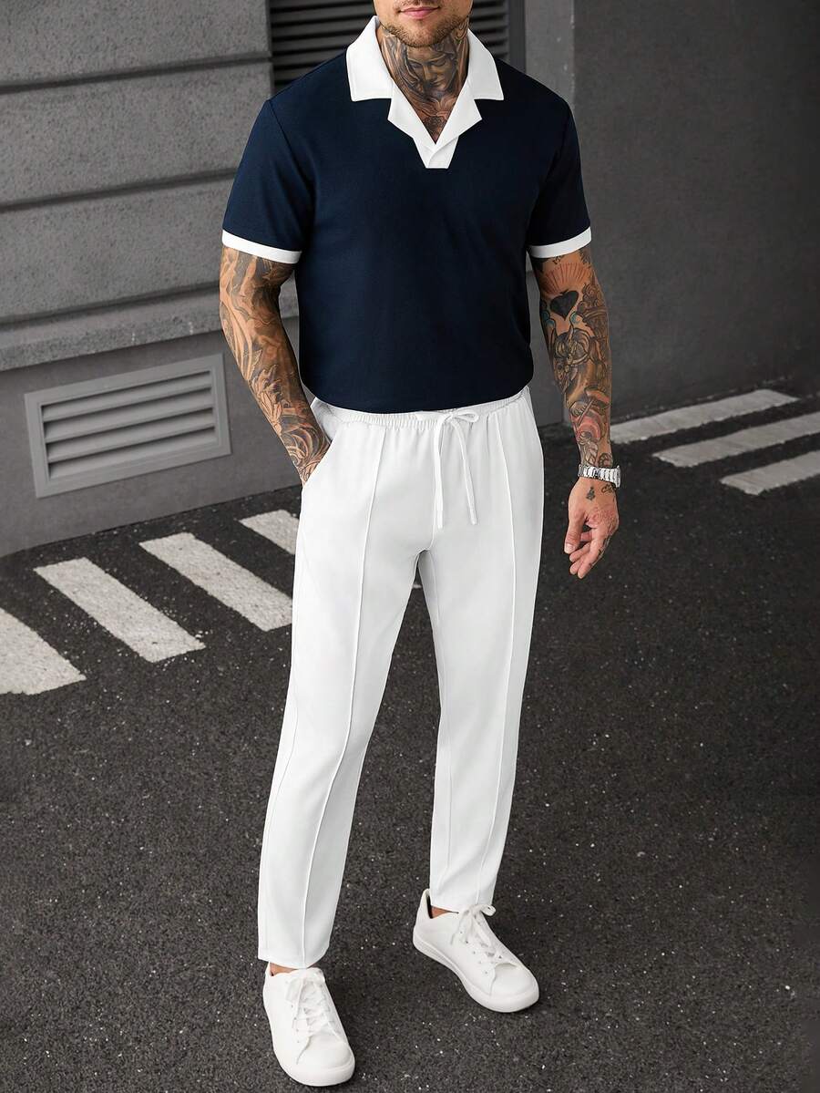 Manfinity CasualCool Men's Plus Size Colorblock Short Sleeve Polo Shirt And Long Pants Casual Daily Set - Navy Blue - View 1