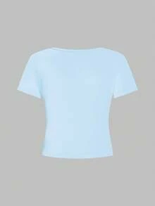青少年女孩修身款休閒極簡舒適圓領緊身長版短袖T恤，適合夏季 - 彩色 - 查看 2