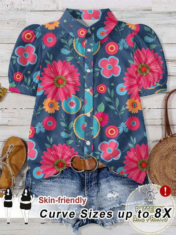 SHEIN CURVE+ Áo sơ mi nữ size lớn cổ bẻ tay ngắn in họa tiết