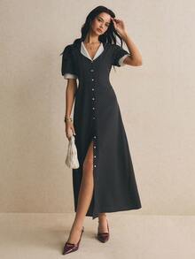 Poéselle Women's Summer Elegant Polka Dot Print Front Button Dress Party Black And White Polka Dot - Black - View 1