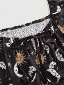 ROMWE Hippie Fairycore Vintage Mori Style Sun Moon Star Print Pattern Square Neck Spaghetti Strap Puff Sleeve Elastic Waist Plus Size Short Dress - Black - View 3