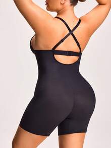 SHAPORA Body talla grande de un solo elemento con escote en V elástico y espalda cruzada, de unicolor para verano - Negro - Ver 2