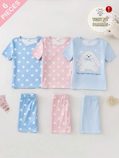 6pcs/Set Conjunto de Ropa de Estar en Casa para Niñas con Top de Manga Corta y Cuello Redondo Ajustado & Shorts, Tela de Punto de Alta Elasticidad, Estampado de Conejo de Dibujos Animados, Lunares & Corazones, Dulce, Lindo, Elegante, Casual, Activo, Cómodo para Uso Diario