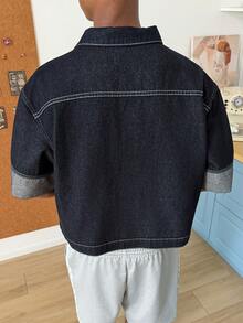STEELVANCE Men's Plus Size Patchwork Sleeve Black Denim Collar Short Sleeve Jacket Work Office Summer Streetwear Casual - Dark Wash - View 2