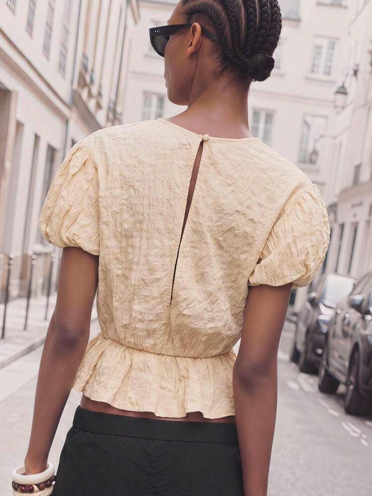 SHEIN Maija Women's Solid Color Pleated Casual Versatile Daily Outing Petal Sleeve Blouse,Going Out Outfits,Summer Holiday Outfits