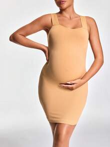 SHAPORA Maternity Solid Color Sleeveless Casual Jumpsuit Romper - Apricot - View 7