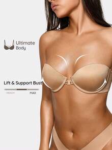 SHAPORA 1pc Apricot Front-Clasp Underwire Padded Slip-Resistant Removable Strap Bra For Women - Apricot - View 1