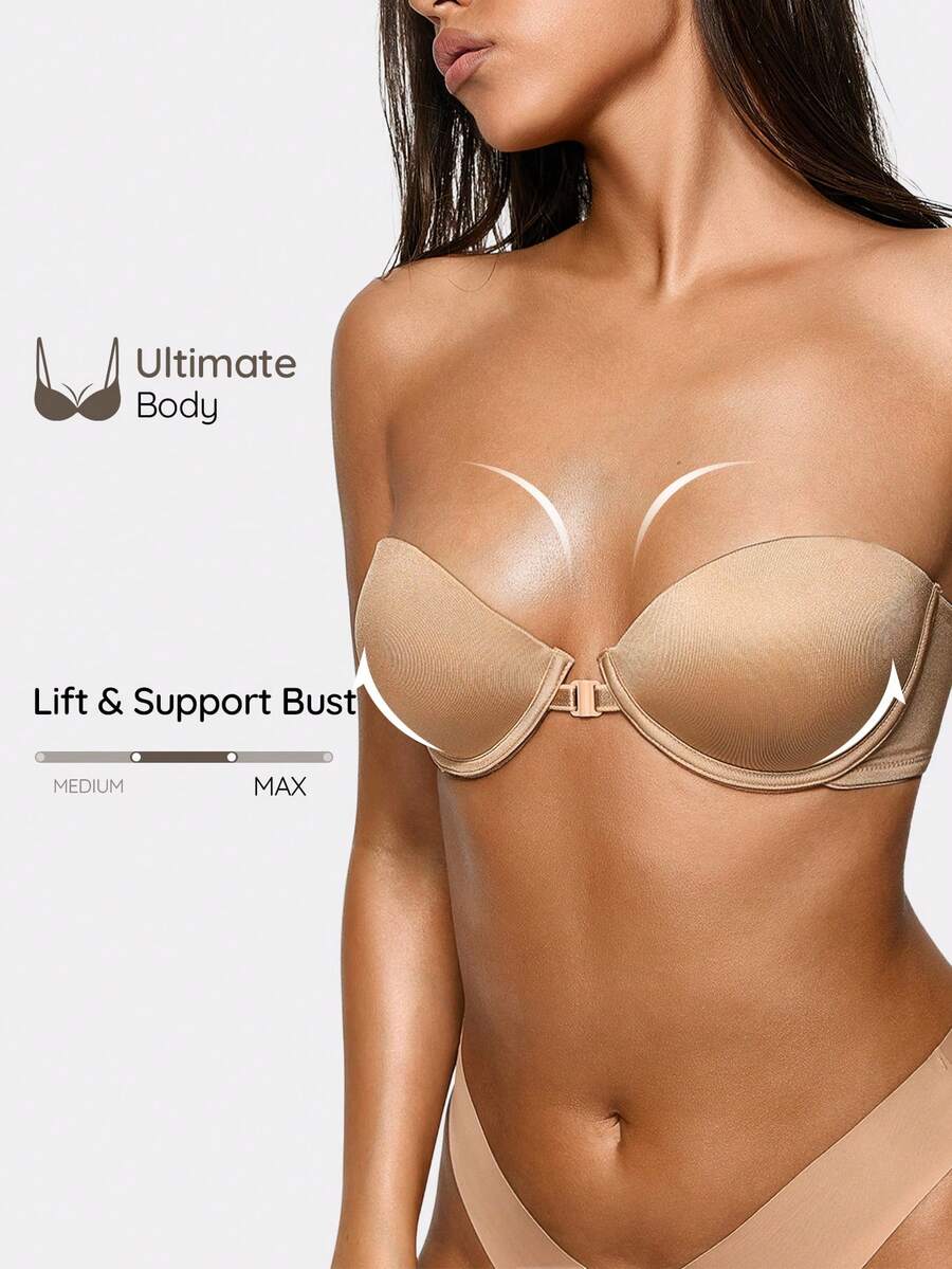 SHAPORA 1pc Apricot Front-Clasp Underwire Padded Slip-Resistant Removable Strap Bra For Women - Apricot - View 1