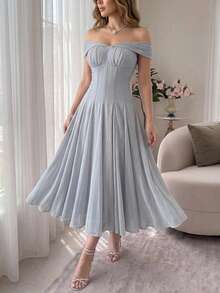 Feyla Women's Solid Color Pleated Off Shoulder Elegant Party Dress - Gray Blue - View 4