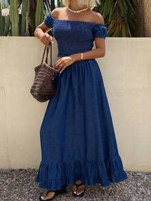 DAZY Women's Off-Shoulder Tight Crop Top And A-Line Denim Skirt Set, Spring/Summer - Blue - View 3