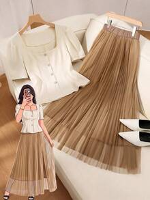 SHEIN Clasi Plus Size Elegant Gray Square Collar Puff Sleeve Top & Skirt, Formal Work Attire, French Mesh Two Pieces - Coffee Brown - View 1