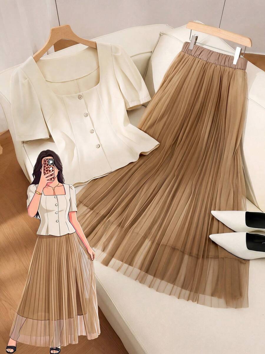 SHEIN Clasi Plus Size Elegant Gray Square Collar Puff Sleeve Top & Skirt, Formal Work Attire, French Mesh Two Pieces - Coffee Brown - View 1
