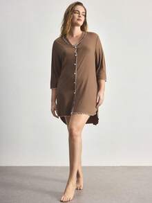 Ocili Ribbed Comfortable Wood Frill Trim Turndown Collar Shell Button Plus Size Nightgown Lounge Brown Autumn - Khaki - View 4