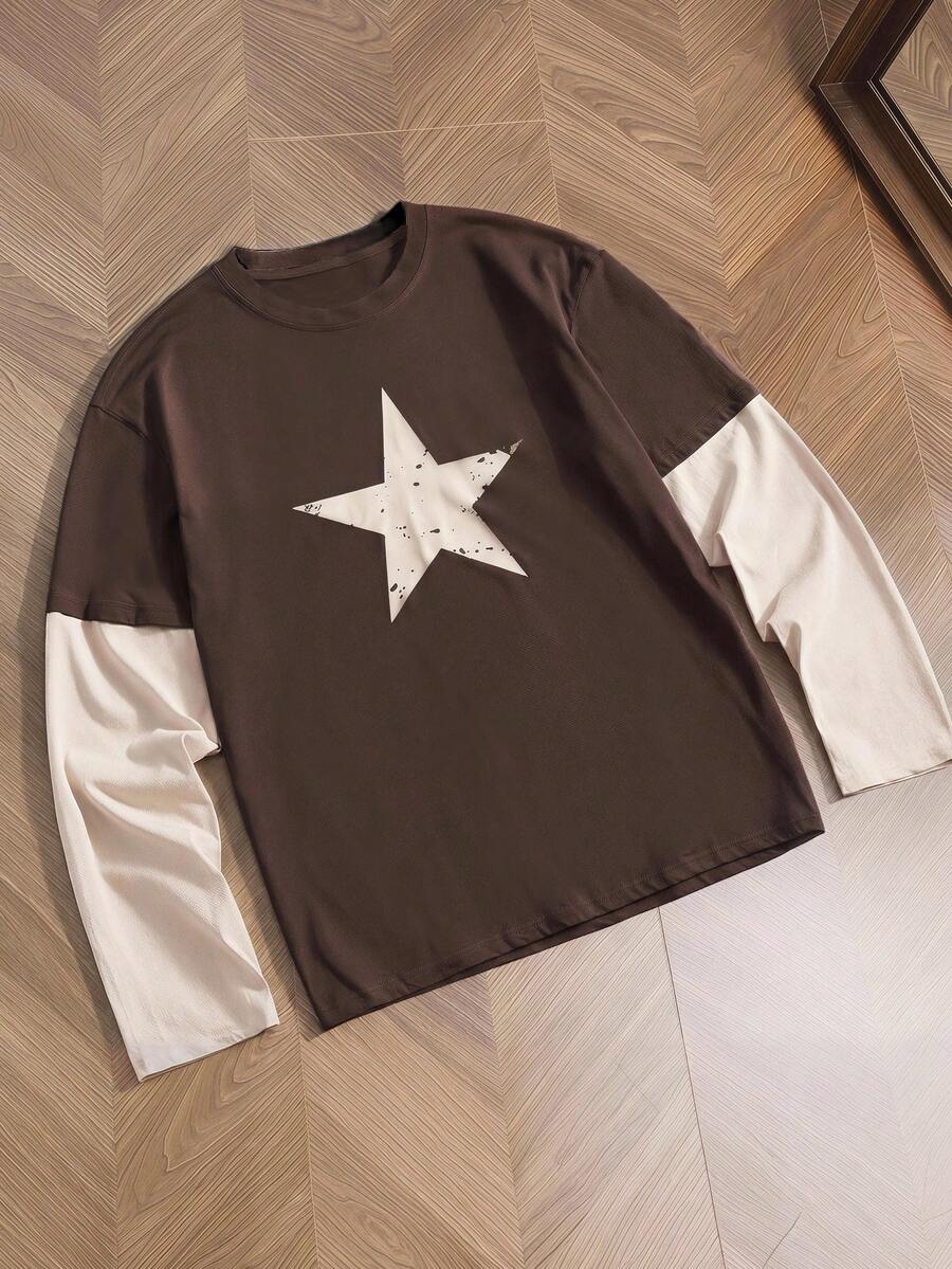 SWAVVY Kaos Pria Lengan Panjang Longgar Kasual Musim Semi/Gugur Ukuran Standar Motif Blok Warna Cokelat & Aprikot - Coffee Brown - View 1