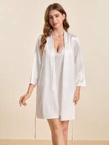 Hourtrue Drop Shoulder Contrast Trim Belted Satin Sleep Robe Luxe Loungewear, Fall, Winter - White - View 1