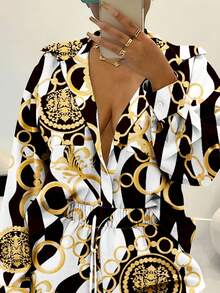 Rovax Women's Single-Breasted Full Print Long Sleeve Top And Shorts Casual 2 Pieces Set - Black - View 5