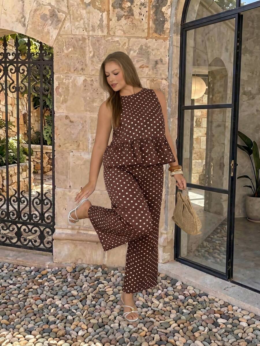 Auralis Round Neck Loose Sleeveless Top & Straight Leg Pants Plus Size Two-Piece Set / Brown Polka Dot Bohemian Vacation Style / Elegant Commuting Style - Brown - View 1