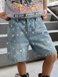 SHEIN Young BoyGlitter Letter Rhinestone Decor Loose Fit Blue Denim Shorts - Light Wash - View 4