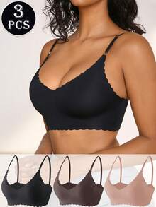 SHEIN Women's Solid Color Seamless Scalloped Edge Bra (3-Piece Set) - Multicolor - View 5