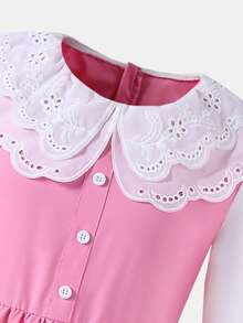 SHEIN Vestido para niña preadolescente con bloques de color, patchwork, bordado y diseño calado - Rosa - Ver 5