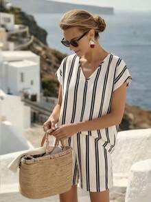 EMERY ROSE Women's V-Neck Striped Colorblock Top And Shorts Casual Daily 2-Piece Set - Apricot - View 5