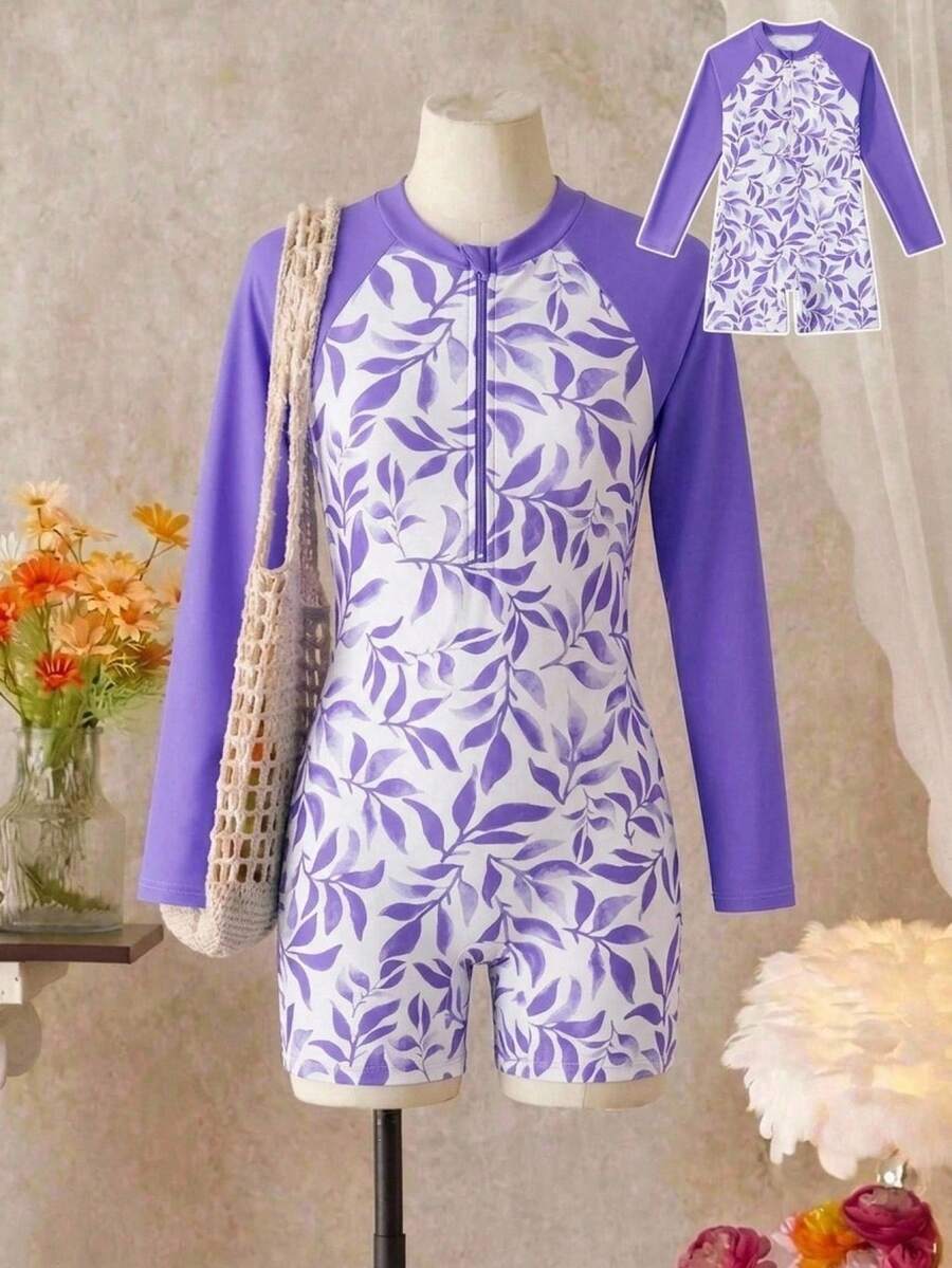 SHEIN 少女树叶印花长袖连体泳衣，适合海滩度假、泳池派对、沙滩派对