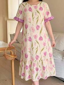 SHEIN Casual Vacation Tulip Floral Print Short Sleeve Ruffle Hem Long Dress For Tween Girl - Multicolor - View 2