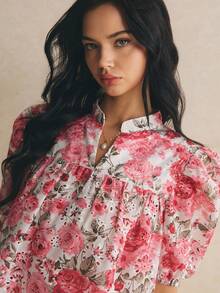 Poéselle Women's Elegant Floral All-Over Print Petal Sleeve Blouse For Summer - Red - View 1