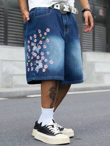 Manfinity EMRG 男士街頭風休閒刺繡藍色牛仔短褲 - 深色水洗藍 - 查看 6