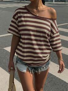 Muchica Casual Minimalist All-Over Print Off-Shoulder Dropped Shoulder Short Sleeve Loose Women's T-Shirt Suitable For Summer - Multicolor - View 4