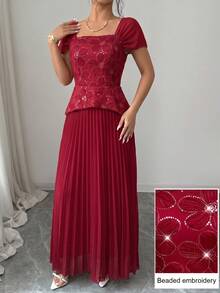 Modelyn 法式方領溫柔風亮片刺繡拼接修身百褶短袖優雅洋裝 - 紅色 - 查看 7