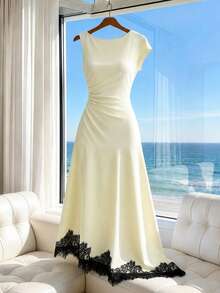 Rometta Damen-Strickkleid in großen Größen für den Sommer, neu, mit weitem Ausschnitt, asymmetrischen kurzen Ärmeln, geraffter Taille, figurschmeichelndem Design, elegant, modisch, sexy und sanft, mit weitem Oberteil, schmalem Saum und Spitzenbesatz, lang, geeignet für Alltag, Lässig, Dates und Treffen - Aprikosenfarben - Übersicht 8