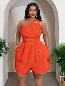 Slaydiva Waist Cinched With Pockets Plus Size Short Jumpsuit - A - Orange - View 1