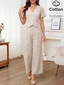 Editum Women's Striped V-Neck Short Sleeve Top And Wide Leg Pants Casual Daily 2 Pieces Set - Khaki - View 3