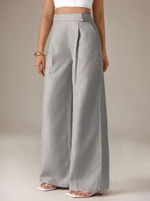 SHEIN Tall Pantaloni da donna in tessuto di bambù rosa con design a fibbia frontale in vita, eleganti, professionali e casual, adatti per insegnanti, essenziali per il Ringraziamento e Ognissanti, versatili, ampi e fluidi, a gamba dritta, per donne alte - Grigio - Visualizzare 3