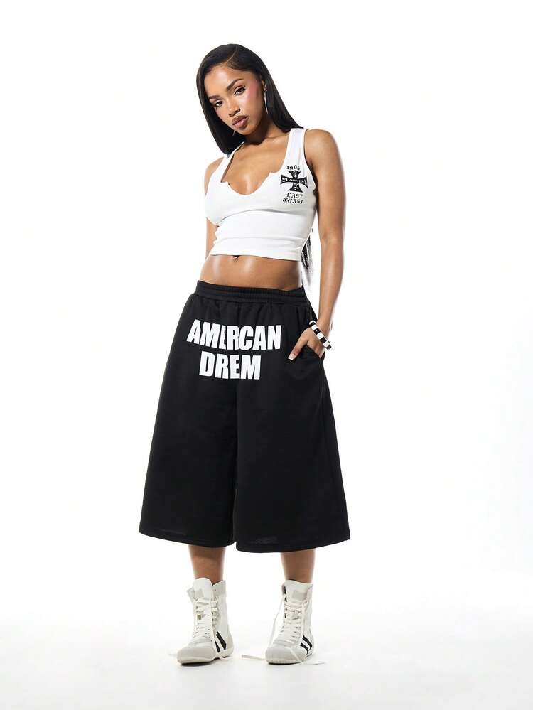SUMWON Oversized Black Graphic Shorts With American Dream Print